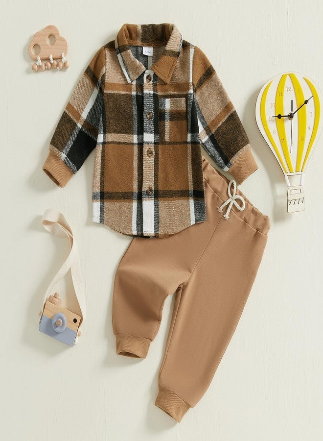 Douhoow Toddler Boys Fall Outfits Plaid Flannel Baby Boy Jacket Button Down Shirts Pants 2Pcs Festival Clothes Set (Brown A, 0-6 Months) - Image 2