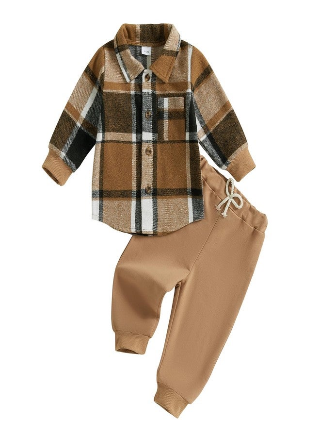 Douhoow Toddler Boys Fall Outfits Plaid Flannel Baby Boy Jacket Button Down Shirts Pants 2Pcs Festival Clothes Set (Brown A, 0-6 Months) - Image 1