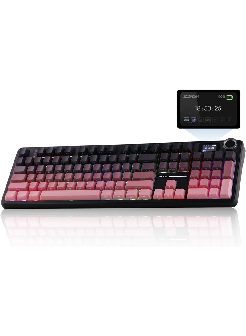 Aula F108 PRO Wireless Gaming Keyboard with Screen, 8000mAh Battery, 104 Hot-Swappable and Programmable Keys and Knob, RGB Backlight, for Mac/PC/Android (Pink Gradient) - Image 1