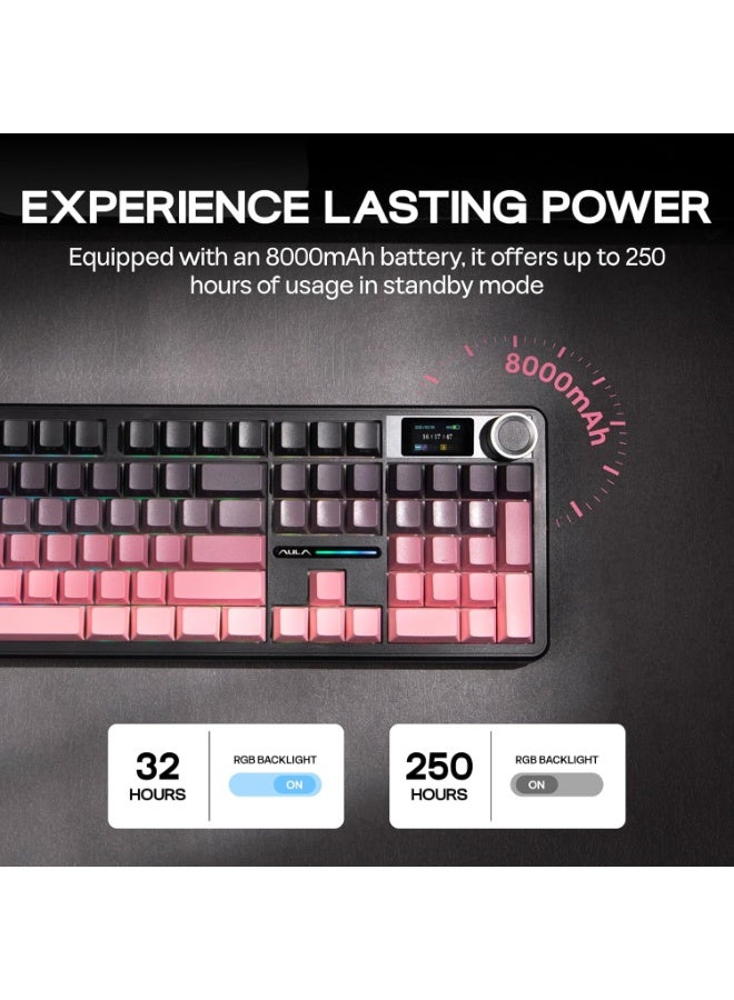 Aula F108 PRO Wireless Gaming Keyboard with Screen, 8000mAh Battery, 104 Hot-Swappable and Programmable Keys and Knob, RGB Backlight, for Mac/PC/Android (Pink Gradient) - Image 5
