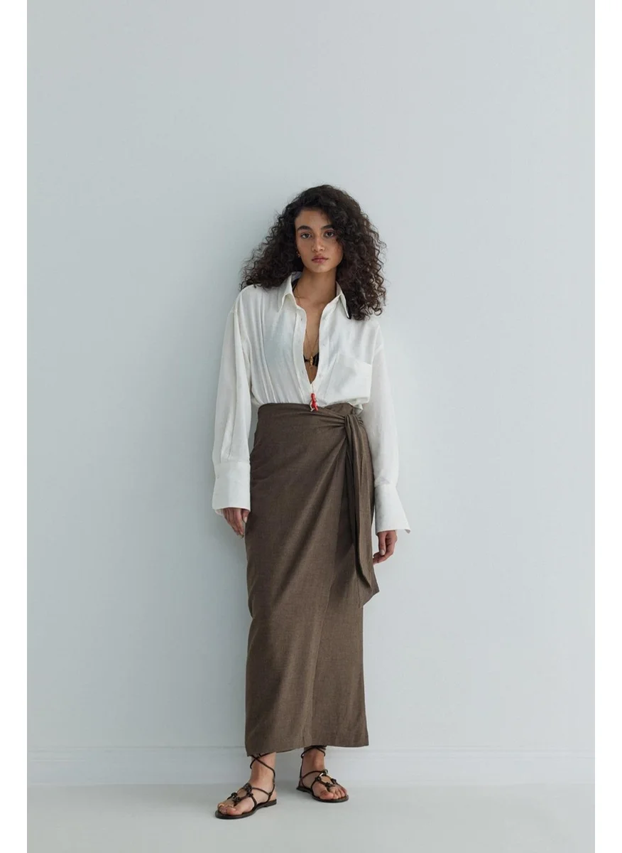 سود كوليكشن Saud Collection Brown Noli Linen Wrap Skirt