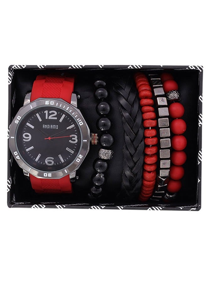 ANDIAMO Men's Analog Metal Case Black Dial Red Silicone Band Set Watch 