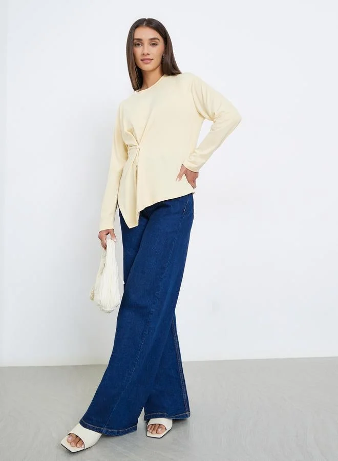 Styli Beige Long Sleeve Wrap Top with Button Detail
