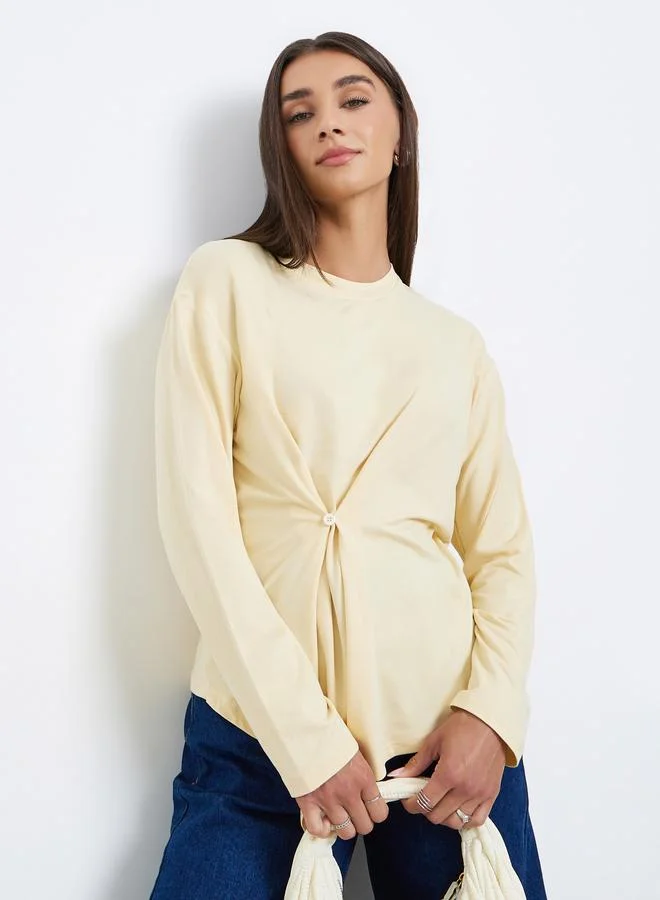 Styli Beige Long Sleeve Wrap Top with Button Detail