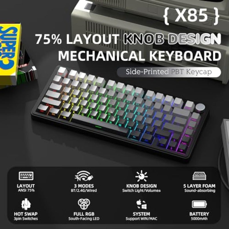 x ATTACK SHARK X85 Gasket Mechanical Keyboard75 Wireless Gaming Keyboard with Knob 5-Layer Padding PBT Side-Printed Keycap BT5.1 2.4Ghz USB-C Wired Hot-Swap Linear Switch RGB NKRO for PC MAC - Image 2