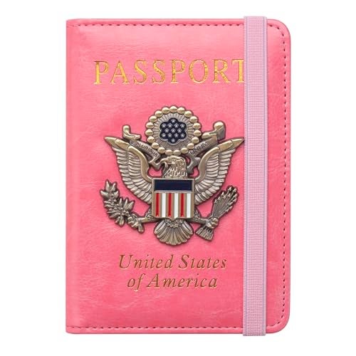 FACATH Passport Holder for Travel Passport Cover for Men Passport Wallet Case with Metal 3D Metal Badge Protector Leather Card Case RFID Blocking Women Travel Accessories Document Organizer (Pink) - Image 1