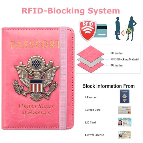 FACATH Passport Holder for Travel Passport Cover for Men Passport Wallet Case with Metal 3D Metal Badge Protector Leather Card Case RFID Blocking Women Travel Accessories Document Organizer (Pink) - Image 2
