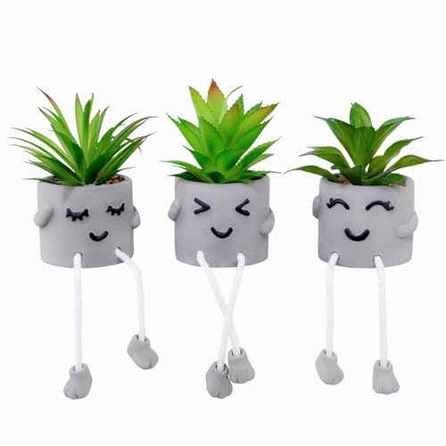 LUZOGA Creative Artificial Succulent Plants with Gray Pots Mini Potted Succulents Cute Fake Plants Succulents with Hanging Leg & Emotional Cement for Home Office Desk Decor and Gift Choice - Image 1