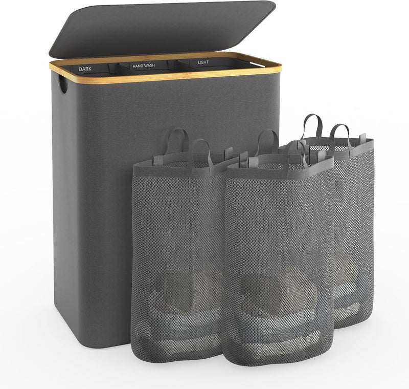 Hampers for Laundry Basket with Lid 160L Extra Large 3 Section Clothes Divided Organizer for BedroomLaundry RoomDirty Clothing HamperGrey