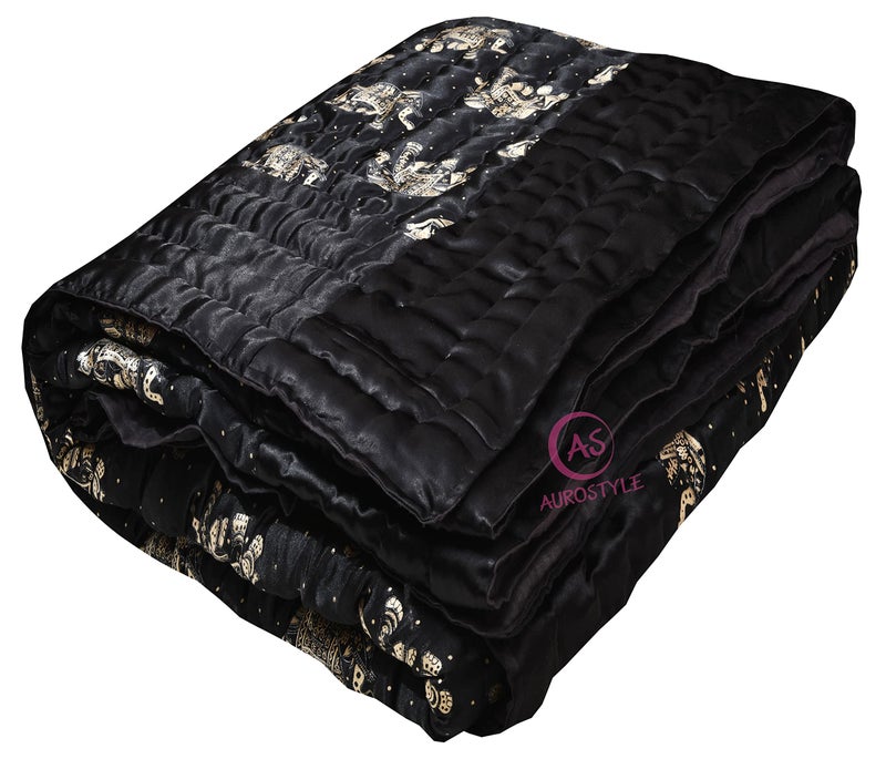 AUROSTYLE Cotton Filled Light Weight Silk Jaipuri Quilt/Razai Over All Over Printed with Gold Print Jaipuri Quilts/Razai (85x100 Inch,Black Elephant Print, Double Bed) - Image 1