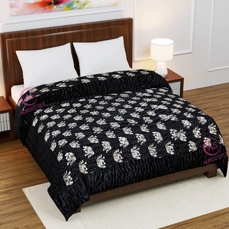 AUROSTYLE Cotton Filled Light Weight Silk Jaipuri Quilt/Razai Over All Over Printed with Gold Print Jaipuri Quilts/Razai (85x100 Inch,Black Elephant Print, Double Bed) - Image 2