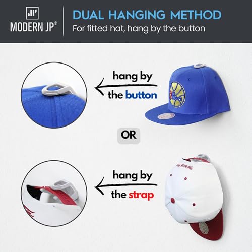 Modern JP Adhesive Hat Hooks for Wall (16-Pack) - Hat Rack for Baseball Caps, Minimalist Hat Display, Strong Hold Hat Hangers for Wall - USA Patented, White - Image 4