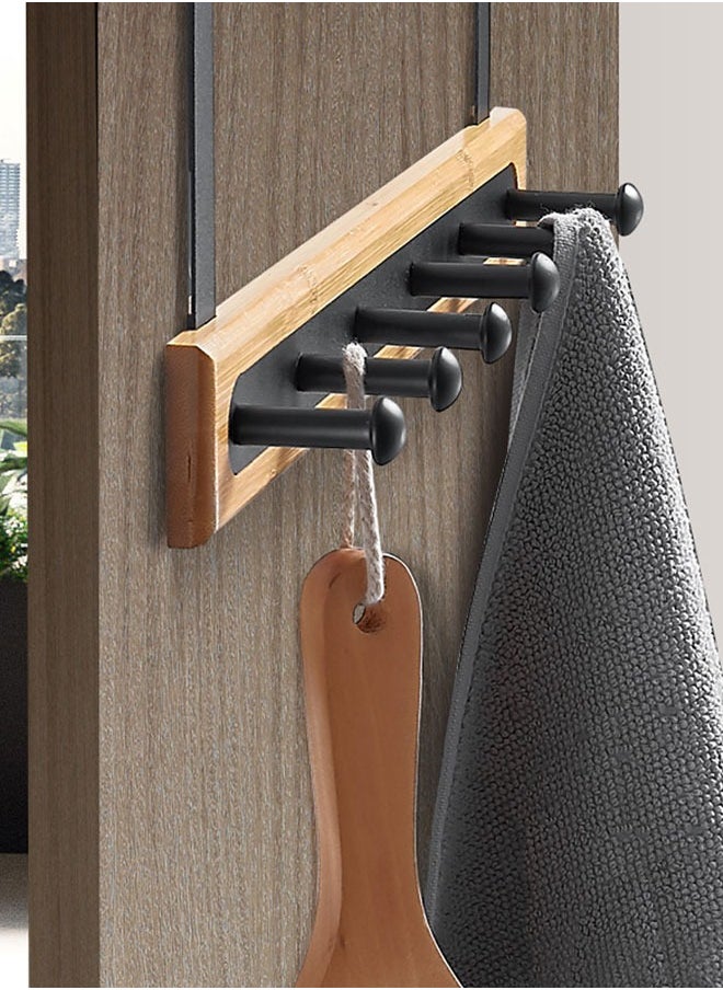 HAWAWA - Over The Door Hook Hanger, Bamboo Coat Rack with 6 Metal Hooks, Heavy Duty Door Hanger, Hanging Back of Bathroom Bedroom Door, Wood Clothes Organizer for Bag, Coat, Towel, Hat, Robes, Scarves - Image 1