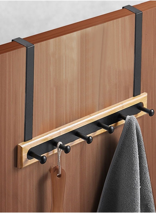 HAWAWA - Over The Door Hook Hanger, Bamboo Coat Rack with 6 Metal Hooks, Heavy Duty Door Hanger, Hanging Back of Bathroom Bedroom Door, Wood Clothes Organizer for Bag, Coat, Towel, Hat, Robes, Scarves - Image 1