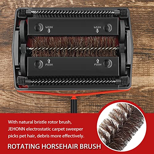 JEHONN Carpet Floor Sweeper Manual with Horsehair, Non Electric Quite Rug Roller Brush Push for Cleaning Pet Hair, Loose Debris, Lint (Red) - Image 2