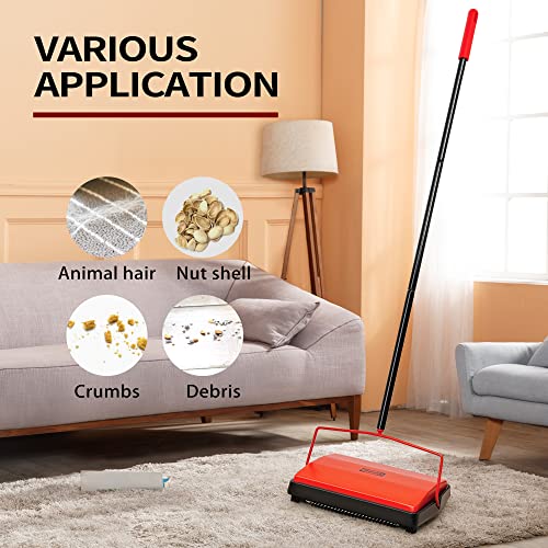 JEHONN Carpet Floor Sweeper Manual with Horsehair, Non Electric Quite Rug Roller Brush Push for Cleaning Pet Hair, Loose Debris, Lint (Red) - Image 4