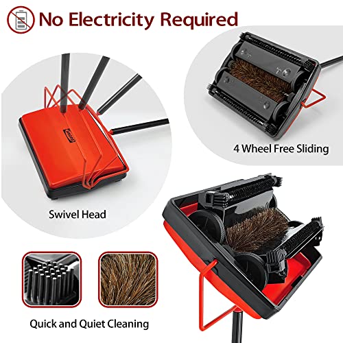 JEHONN Carpet Floor Sweeper Manual with Horsehair, Non Electric Quite Rug Roller Brush Push for Cleaning Pet Hair, Loose Debris, Lint (Red) - Image 3