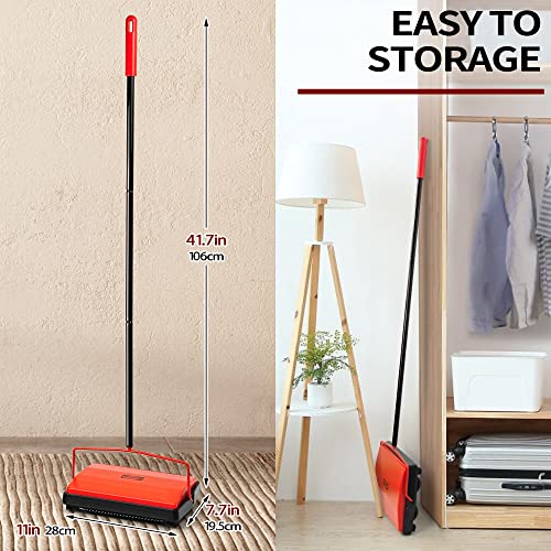 JEHONN Carpet Floor Sweeper Manual with Horsehair, Non Electric Quite Rug Roller Brush Push for Cleaning Pet Hair, Loose Debris, Lint (Red) - Image 5