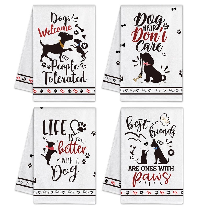 Hexagram Dog Dish Towels and Dish Cloths Dog Mom Gifts for Women Lovers Funny Kitchen Hand Towels Sets of 4 Dogs Welcome People Tolerated Sayings Tea Towel Housewarming Decor for New Home Bathroom