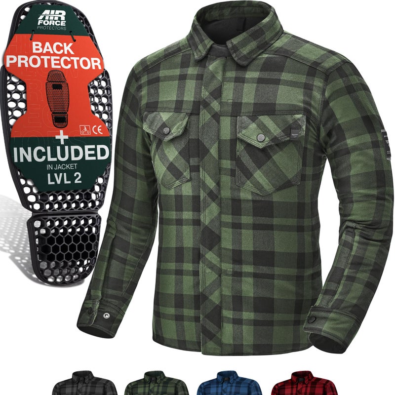 SHIMA RENEGADE MEN 2 Motorcycle Shirt for Men Armored Plaid Biker Flannel Jacket with FiberQL Aramid and Cooling layer CE Back Shoulder Elbow Protectors Zipper and Snap Closure Green M