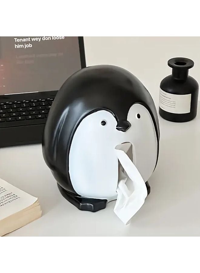 Penguin Tissue Box Holder Black White Resin Octagonal Design For Home Bathroom Decor - Image 1
