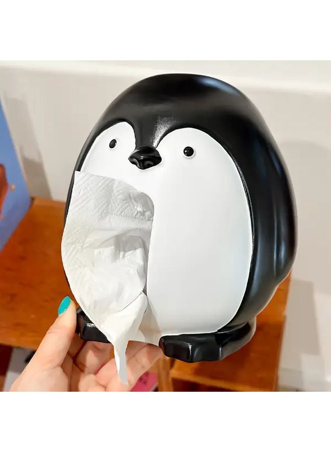 Penguin Tissue Box Holder Black White Resin Octagonal Design For Home Bathroom Decor - Image 2