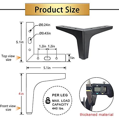 GOSCHE 4 Inch Metal Furniture Legs Black, Legs for Furniture Set of 4, Modern Style Replacement Couch Legs for Dresser Chair Bed Cabinet Table Ottoman Cupboard DIY Replacement Sofa Feet - Image 4