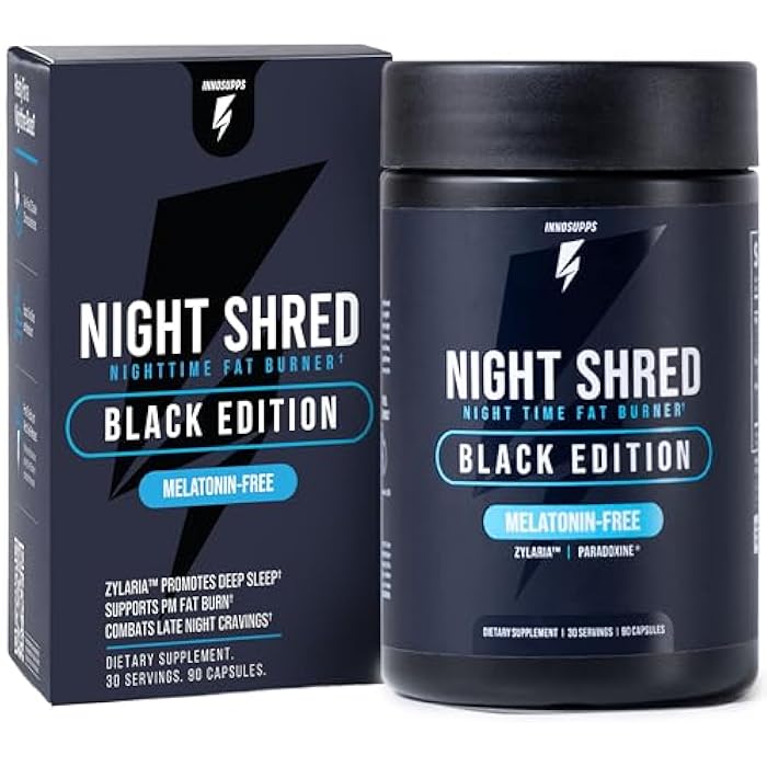 INNOSUPPS Night Shred Black Melatonin-Free - Night Time Fat Burner, Weight Loss, and Natural Sleep Support - GABA Complex with Ashwagandha, CLA, Grains of Paradise - Thermogenic Fat Burner - 90 Vegan Capsules - Image 1