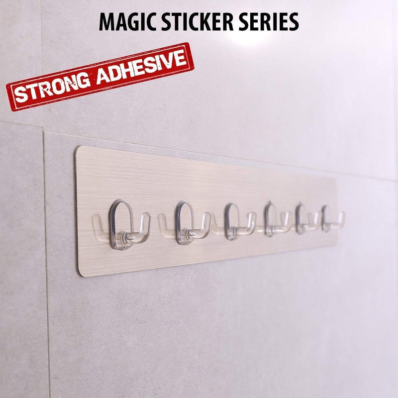 DENSITY COLLECTION Plastic Self Adhesive Wall Mounted Strip with 6 Wall Hooks Utility Water and Oil proof Nail Free Heavy Duty Wall Hook and Ceiling Hanger Clothing Load Capacity 10 Kg Transparent - Image 3