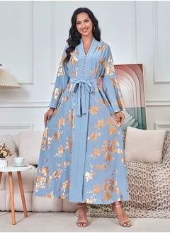 Loquat Womens V-Neck Flare Sleeve Bronzing Printing Muslim Abaya Evening Dress Loose Fit Dress Arabian Maxi Robe Blue  - Image 1