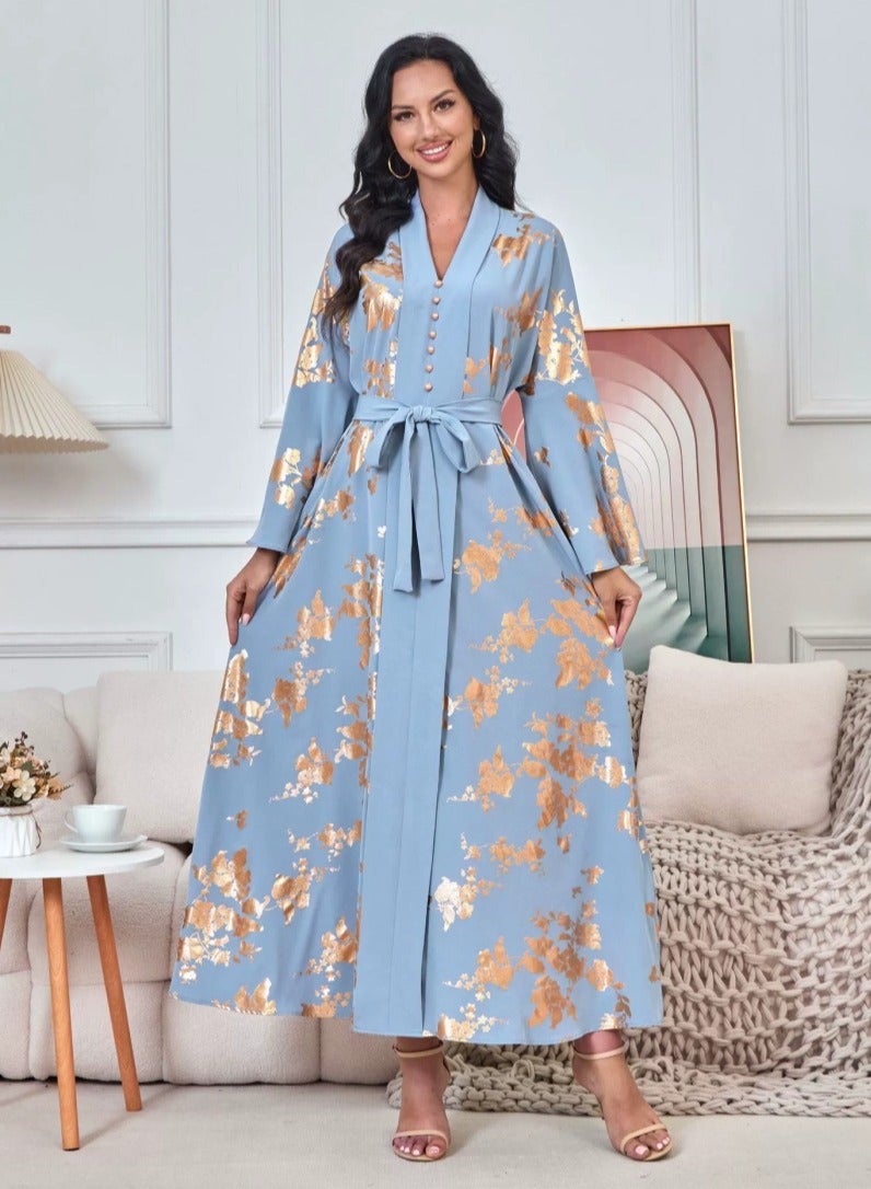 Loquat Womens V-Neck Flare Sleeve Bronzing Printing Muslim Abaya Evening Dress Loose Fit Dress Arabian Maxi Robe Blue  - Image 1