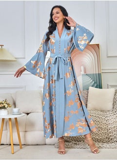 Loquat Womens V-Neck Flare Sleeve Bronzing Printing Muslim Abaya Evening Dress Loose Fit Dress Arabian Maxi Robe Blue  - Image 2