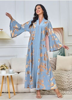 Loquat Womens V-Neck Flare Sleeve Bronzing Printing Muslim Abaya Evening Dress Loose Fit Dress Arabian Maxi Robe Blue  - Image 3