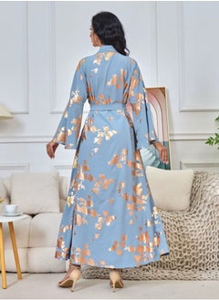 Loquat Womens V-Neck Flare Sleeve Bronzing Printing Muslim Abaya Evening Dress Loose Fit Dress Arabian Maxi Robe Blue  - Image 4