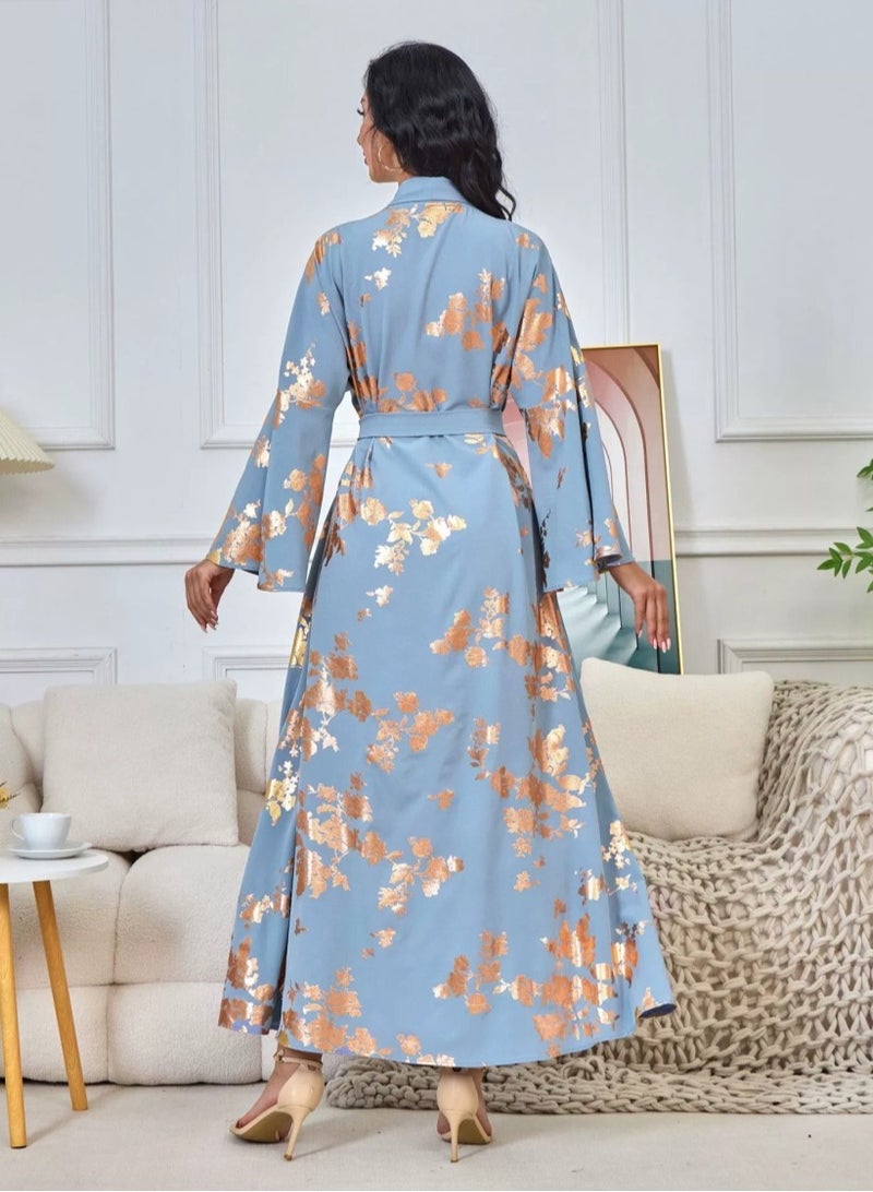 Loquat Womens V-Neck Flare Sleeve Bronzing Printing Muslim Abaya Evening Dress Loose Fit Dress Arabian Maxi Robe Blue  - Image 4