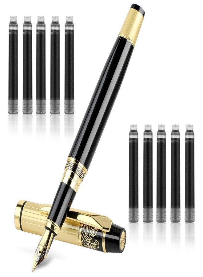 Andibro Metal Fountain Pens, With 10 Black Ink 2.6mm Cartridges, 0.5mm Luxury Fine Point Fountain Pen Business Pen Smooth Writing Stainless Steel Pen Calligraphy Pen for Office School Supplies(Black) - Image 1