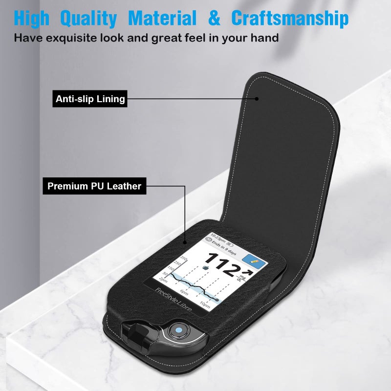 MEDMAX PU Leather Protective Case for Freestyle Libre 3 2 / Libre Reader, Lightweight Shockproof Diabetic Storage Carrying Case with Carabiner Clip and Handle (Black) - Image 5