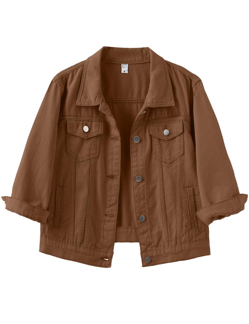 Locachy Womens 3/4 Sleeve Short Denim Jacket Lapel Button Down Cropped Trucker Jean Jackets Coats Dark Khaki L - Image 1