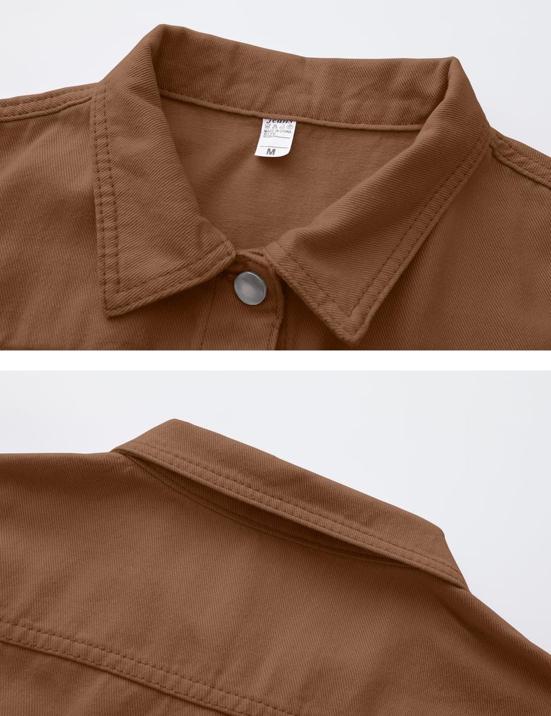 Locachy Womens 3/4 Sleeve Short Denim Jacket Lapel Button Down Cropped Trucker Jean Jackets Coats Dark Khaki L - Image 3