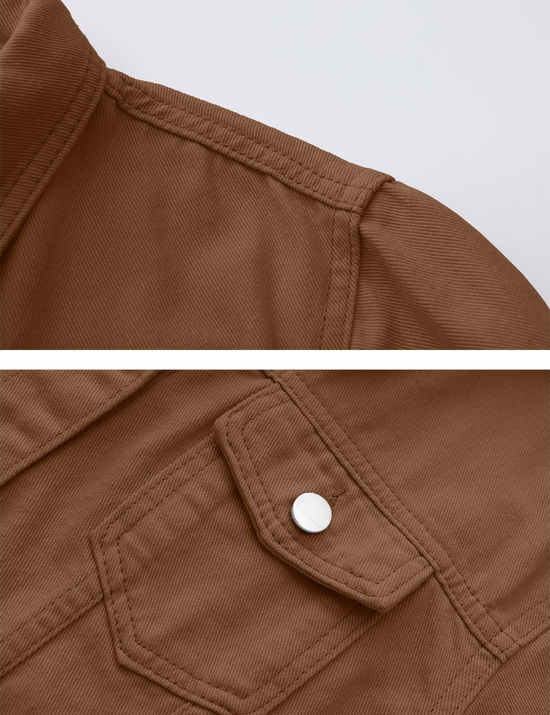 Locachy Womens 3/4 Sleeve Short Denim Jacket Lapel Button Down Cropped Trucker Jean Jackets Coats Dark Khaki L - Image 4