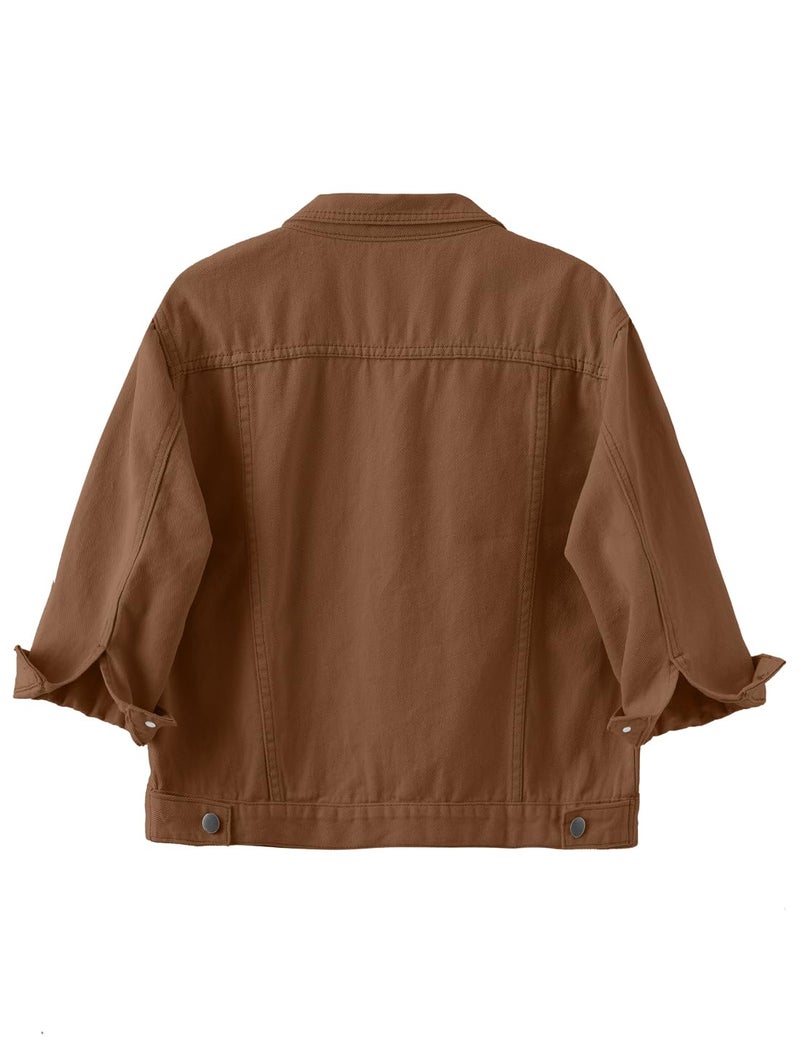 Locachy Womens 3/4 Sleeve Short Denim Jacket Lapel Button Down Cropped Trucker Jean Jackets Coats Dark Khaki L - Image 2