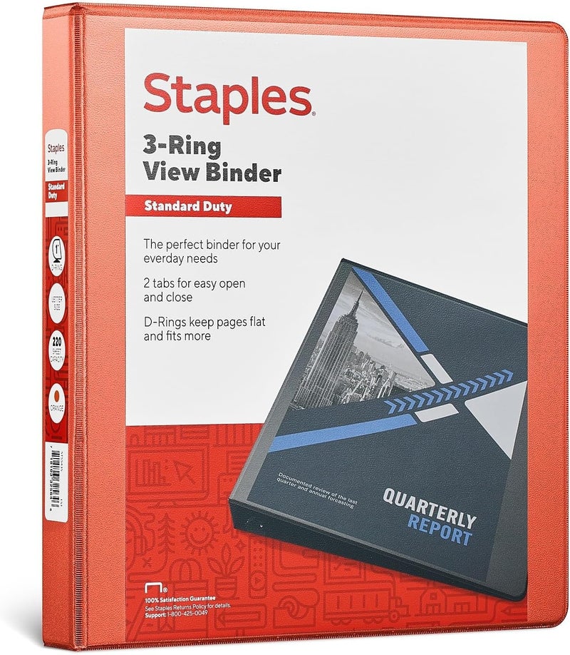 Staples Standard 1-Inch 3-Ring View Binder Orange - Image 1