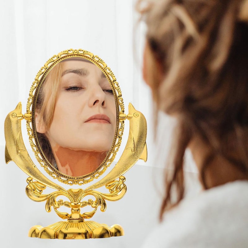 مجموعة مرآة تجميل مزدوجة الوجهين قابلة للدوران على الطاولة، مرايا زينة مكتبية عتيقة باللونين الذهبي والفضي قابلة للدوران للاستخدام في الحمام وغرفة النوم - Image 5