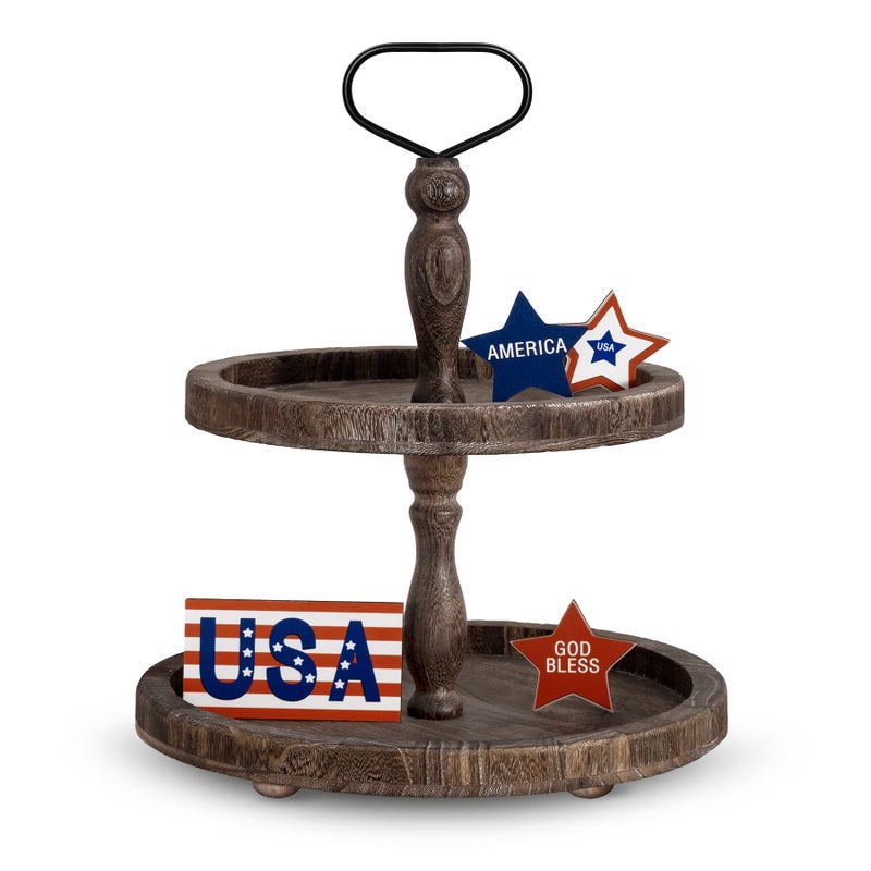 Mustry Rustic Wooden 2 Tiered Tray Round Farmhouse Kitchen Table Decor Serving Tier Tray Food Fruits Cupcake Display Coffee Bar Home Party Seasonal Decorations Brown