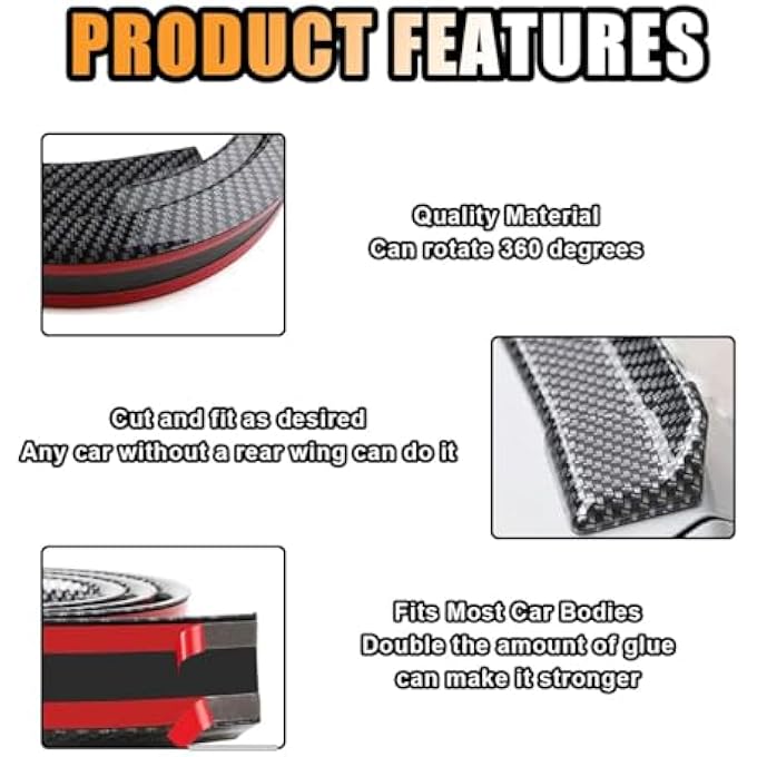 ريحني غلاف سقف خلفية من ألياف الكربون لجناح السيارة، تشطيمات مسدس مطاطية ثلاثية الأبعاد، شريط إكسسوار خارجي عالمي خال من الثقب، ملصق ملحقات خارجي لمعظم السيارات أسود - Image 3
