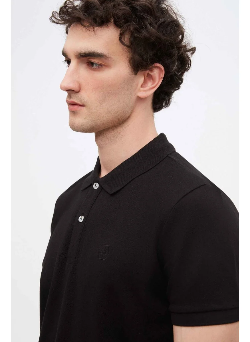 D'S DAMAT Regular Fit Black Pique Textured 100% Cotton Non-Curl Polo Collar Embroidered T-Shirt 4HC14ORT51000