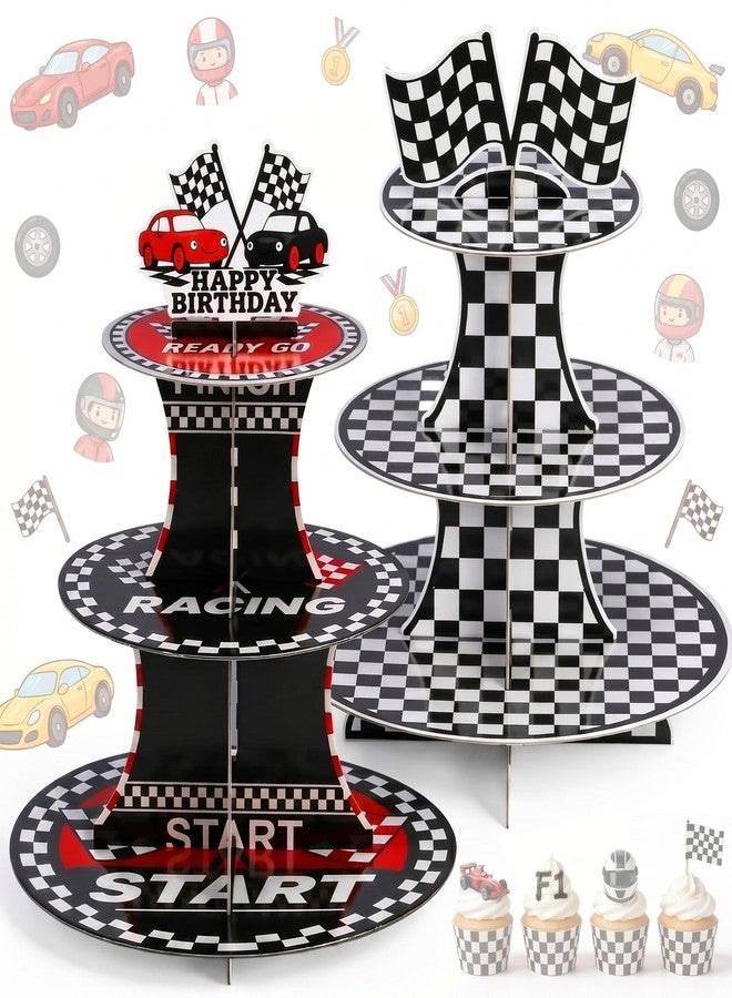 Willinglong 2 Pack Racing Car Theme 3 Tier Cardboard Cupcake Stand Round Cupcake Holder Tower for Car Birthday Party Supplies and Dessert Decorations - Image 1