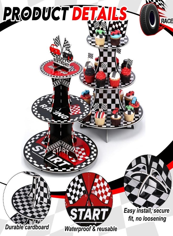 Willinglong 2 Pack Racing Car Theme 3 Tier Cardboard Cupcake Stand Round Cupcake Holder Tower for Car Birthday Party Supplies and Dessert Decorations - Image 4