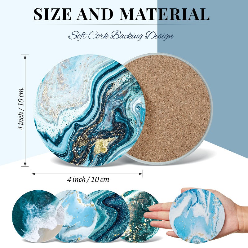 Zopeal 8 Pieces Coasters for Drinks with Holder  Marble Ocean Pattern Ceramic Absorbent Coasters with Cork Base Ocean Style Absorbent Ceramic Coasters for Table Decor Home Kitchen Decor (Stylish Style) - Image 2