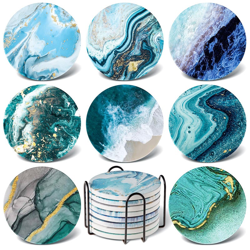 Zopeal 8 Pieces Coasters for Drinks with Holder  Marble Ocean Pattern Ceramic Absorbent Coasters with Cork Base Ocean Style Absorbent Ceramic Coasters for Table Decor Home Kitchen Decor (Stylish Style) - Image 1